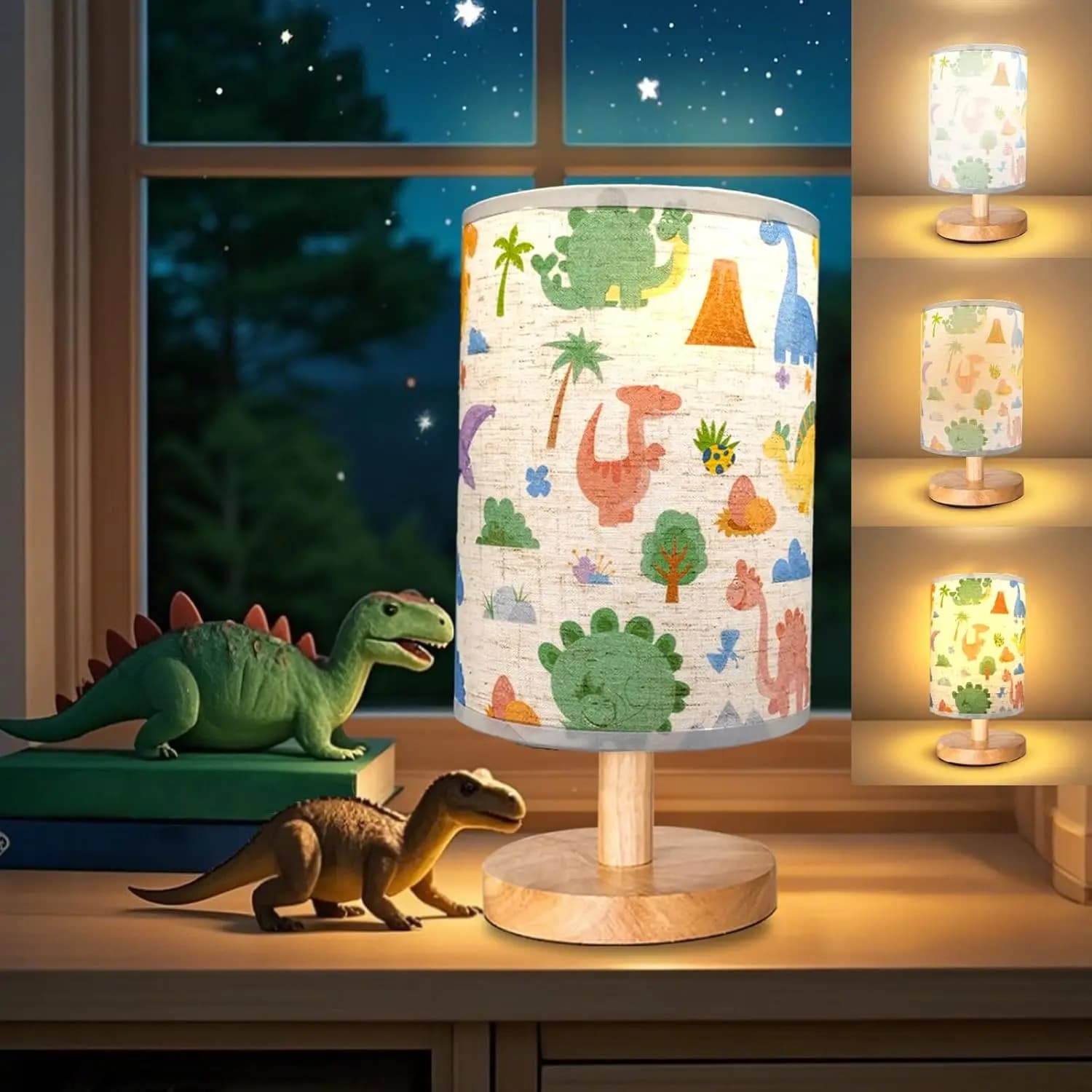 Lampada Dinosauro Dimmerabile a 3 Livelli, Base in Legno e Paralume in Tessuto, Luce da Comodino per Camera da Letto dei Ragazzi, Decorazione Dino Carina