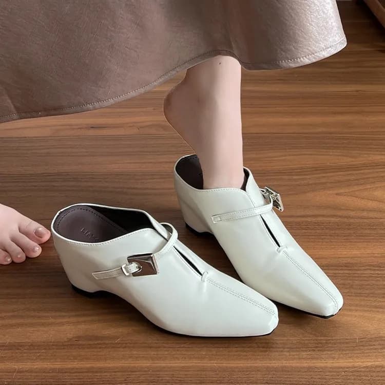 Mary Jane Loafers Women's Shoes Summer Outdoor Wear Metal Cap Toe Flat Square Female Lazy Slip-On Pumps Comfortable Muller Shoes