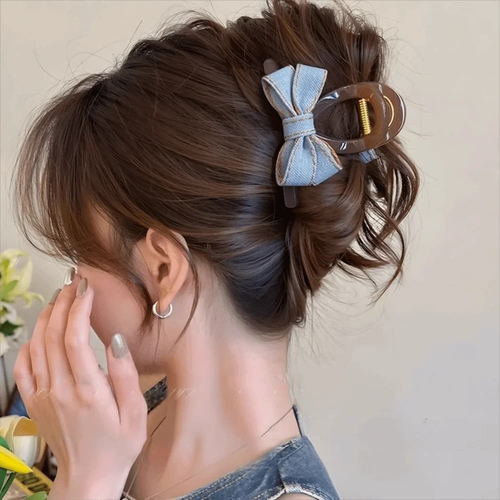 Korean Fashion Large Size Denim Bow Hair Clip Transparent Versatile Hair Claw Hairpin Women Girls