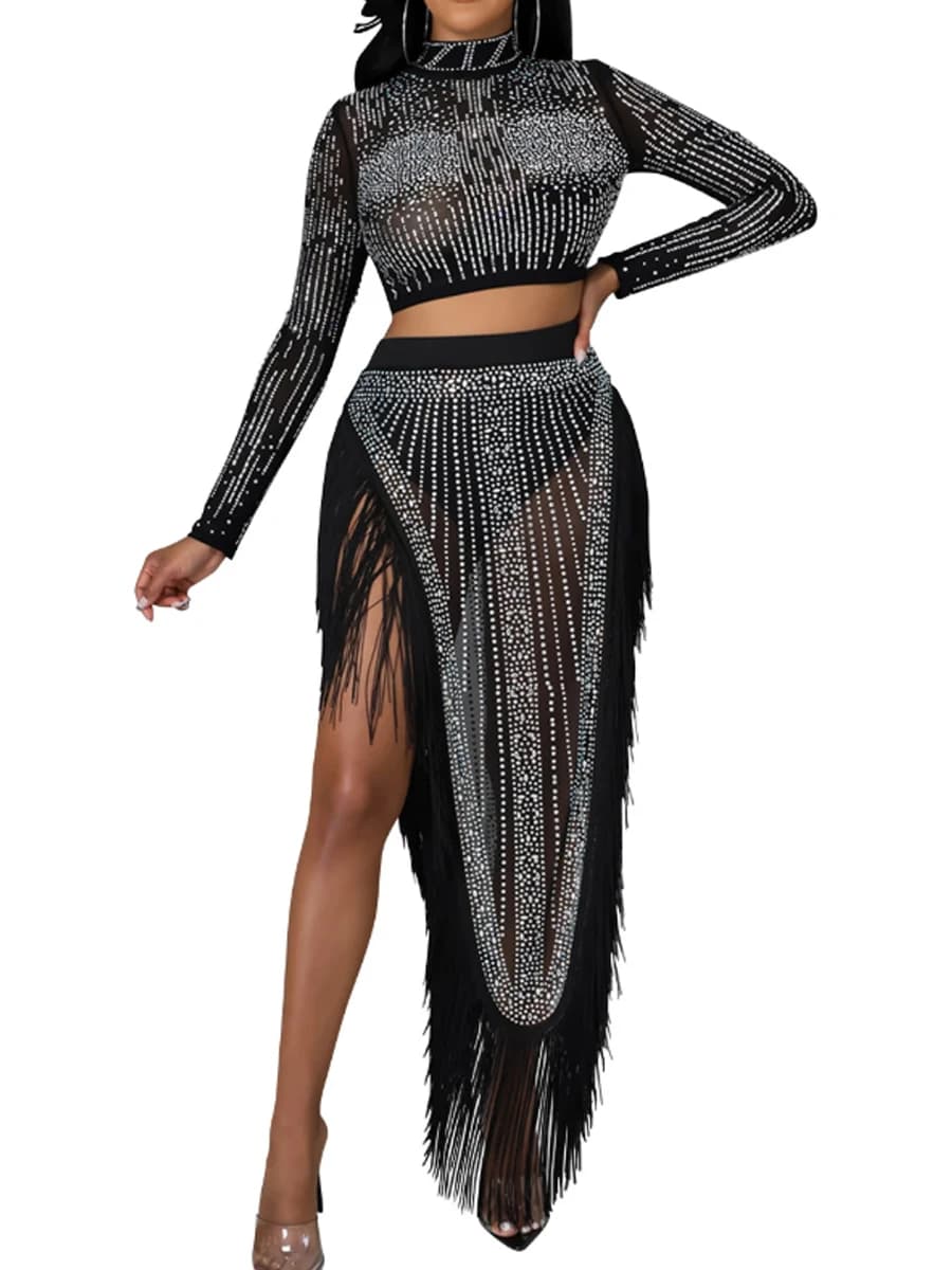 Completo Due Pezzi da Donna: Top a Maniche Lunghe in Rete con Strass e Gonna con Frange Glitterate e Strass