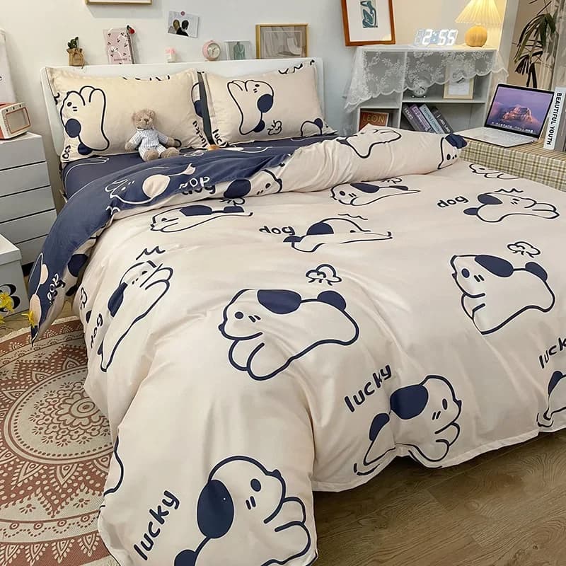Bed linen set printed with cute pattern with duvet cover, sheet, pillowcase, soft and smooth duvet cover set, single, double