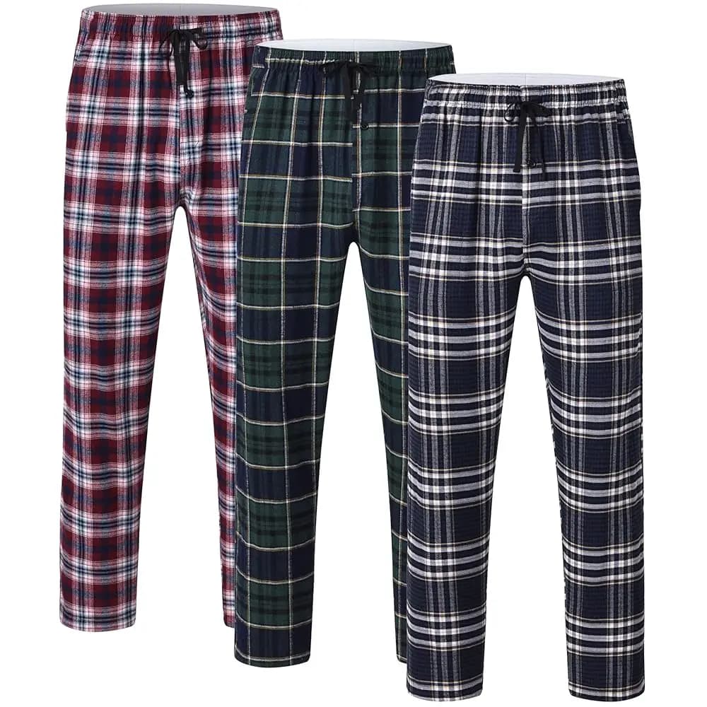 Pantaloni da notte per pigiama scozzese da uomo 3 pezzi, pantaloni da pigiama lunghi con stampa scozzese Set di indumenti da notte con elastico in vita per l'abbigliamento per la casa