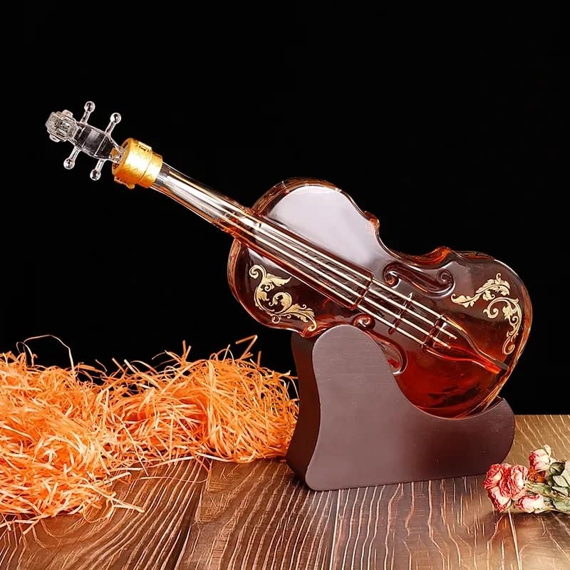 Decanter per violino in vetro Base in mogano Set di decanter per vino Savant Set di bicchieri da whisky Set da bar Champagne Elegante distributore di vino regalo
