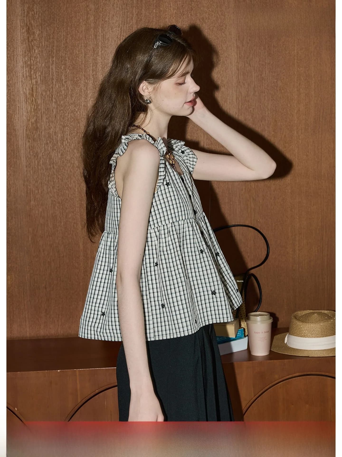 Sweet School Style Plaid Embroidery Shirt Square Collar Miniature Sleeve Outfit Summer KUHNMARVIN Breathable Casual Blouse