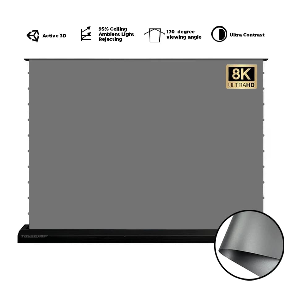 Schermo per proiettore elettrico pop-up/aumento del pavimento Tensione della linguetta motorizzata anti-luce Tenda per proiezione con alloggiamento nero/bianco 4K 3D