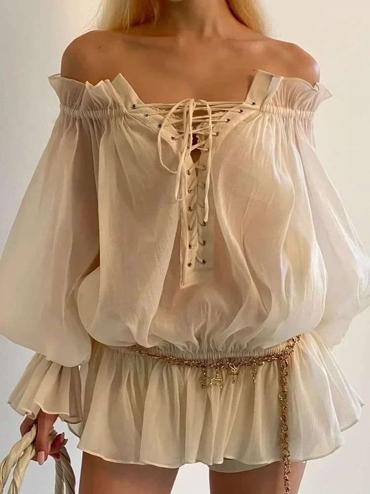 GypsyLady Off The Shoulder Chic Shirt camicetta manica lunga lanterna primavera autunno Beige Lace Up Sexy Women Ladies Party Shirts Tops