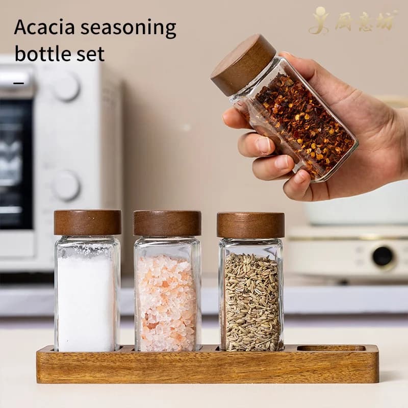 Set di barattoli di condimento in vetro coperchio in legno di Acacia bottiglia di vetro quadrata con Set di Base barattolo di spezie al pepe sigillato organizzatore di spezie cucina