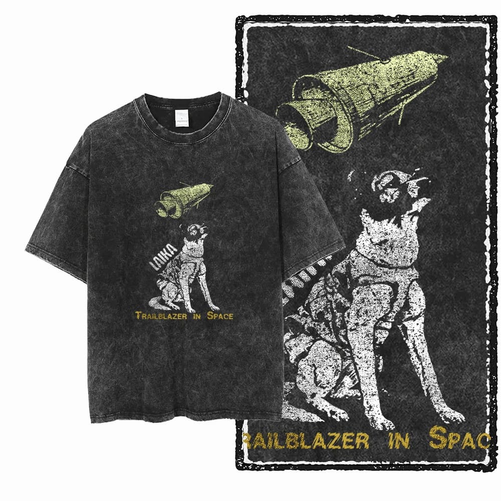 DCA LAIKA DOG Stampato Cotone lavato con acido Streetwear Esclusivo Grafica T-shirt unisex Cool Vintage Uomo Magliette Tee per uomo