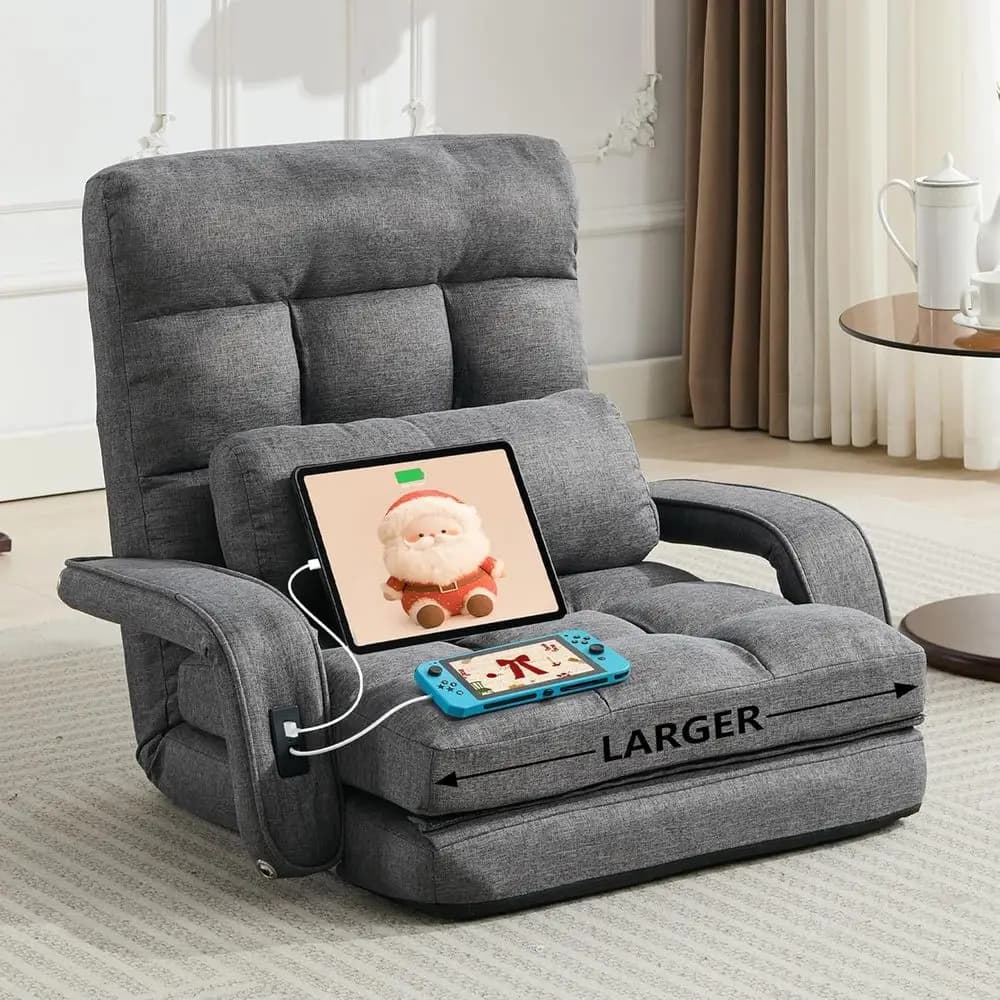Grey 2-USB Charging Lounge Chair, 5-Position Couch, Adult Gaming, Lazy Sofa, Meditation, Living Room
