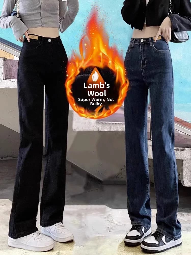 Jeans Neri Slim Fit a Gamba Dritta da Donna, in Denim Spesso Felpato, Vita Alta in Cotone Elasticizzato, per Autunno Inverno, Effetto Snellente