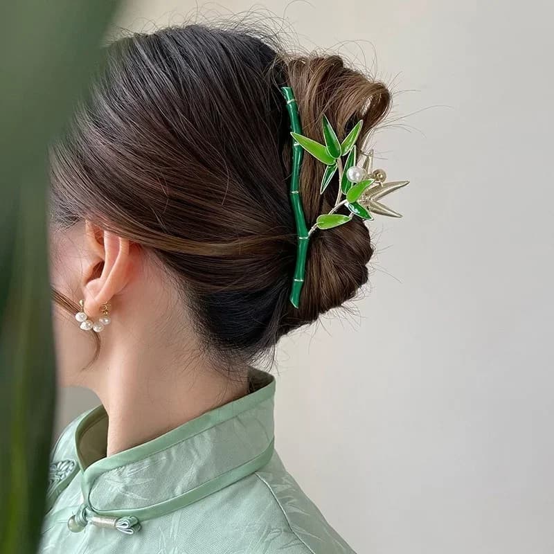 Women's Retro Green Bamboo Hair Clips Bamboo Metal High-end Grip Clip Niche Design Accessories Chinese Style Bamboo Hair Clip