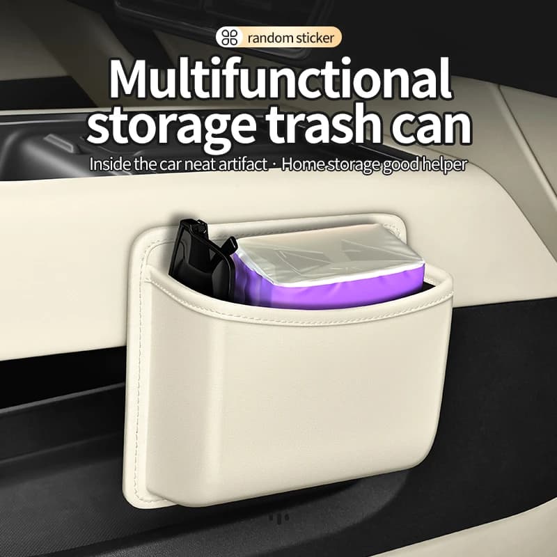 Minimal Leather Dual-Use Car Bin, Adhesive Mount No Interior Damage, Integrated Storage For Cards Tissue Waste