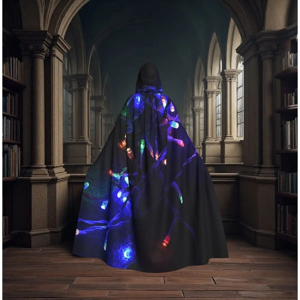 Mantello Lungo con Cappuccio e Luci Fatate, Costume da Strega Medievale, Mantello per Cosplay, Halloween, Vampiro, Unisex per Adulti