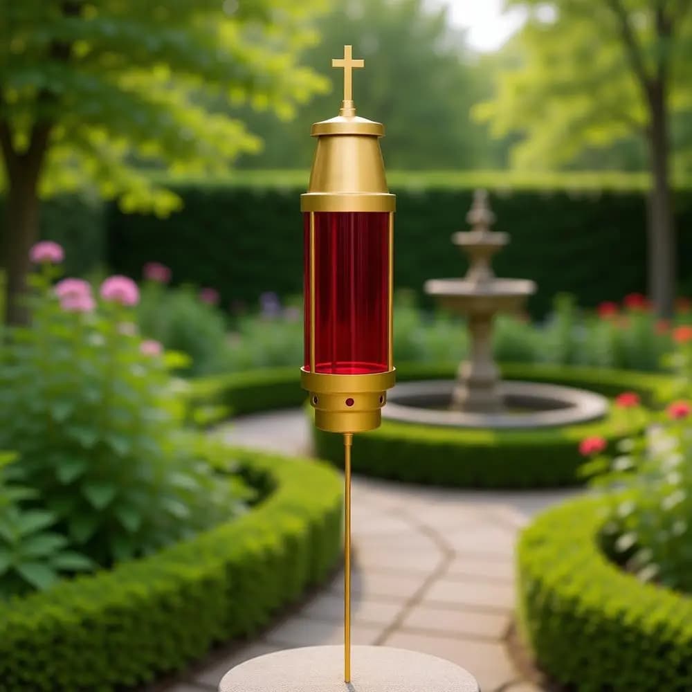 Portacandele per Cimitero, Lanterna Commemorativa con Cupola Luminosa Anodizzata, Rosso (Candela Inclusa)