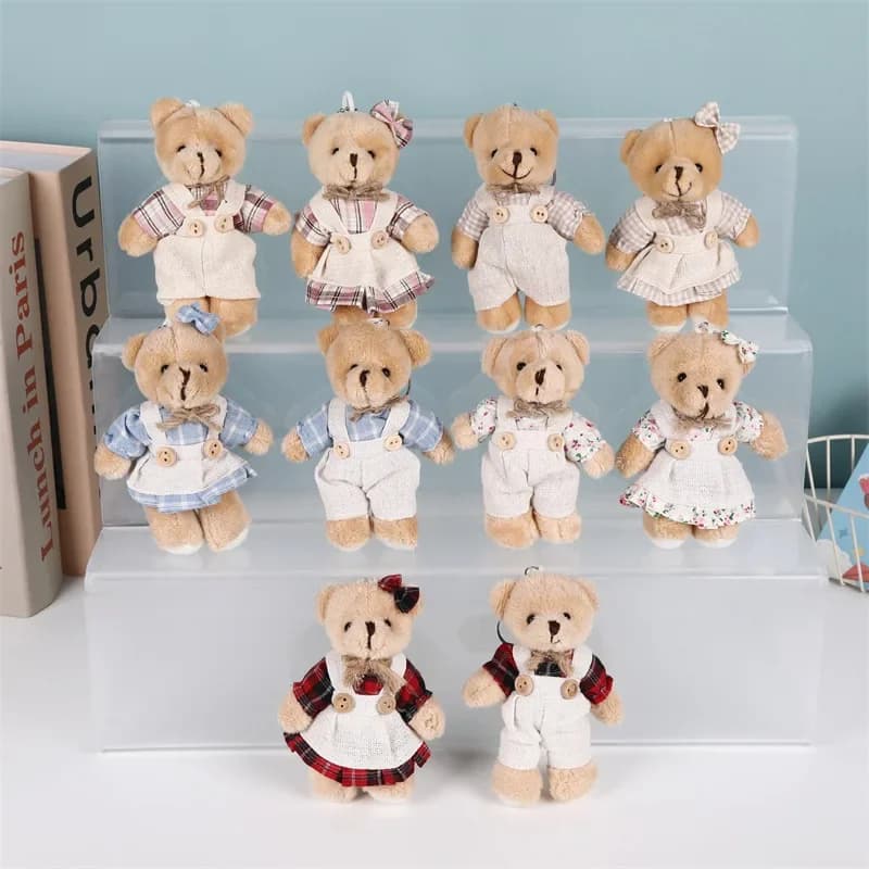 11 cm piccolo orso peluche giocattoli di peluche carino indossare vestiti coppia orso cartone animato portachiavi bambola zaino borsa per auto decorazioni di nozze regalo per bambini
