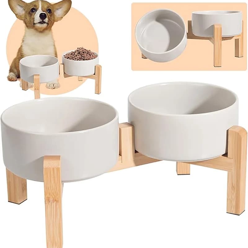 Ciotola per animali rialzata in ceramica rialzata Supporto in bambù antiscivolo Ciotole doppie per cani Alimentazione all'aperto Forniture per bere per gatti Cani