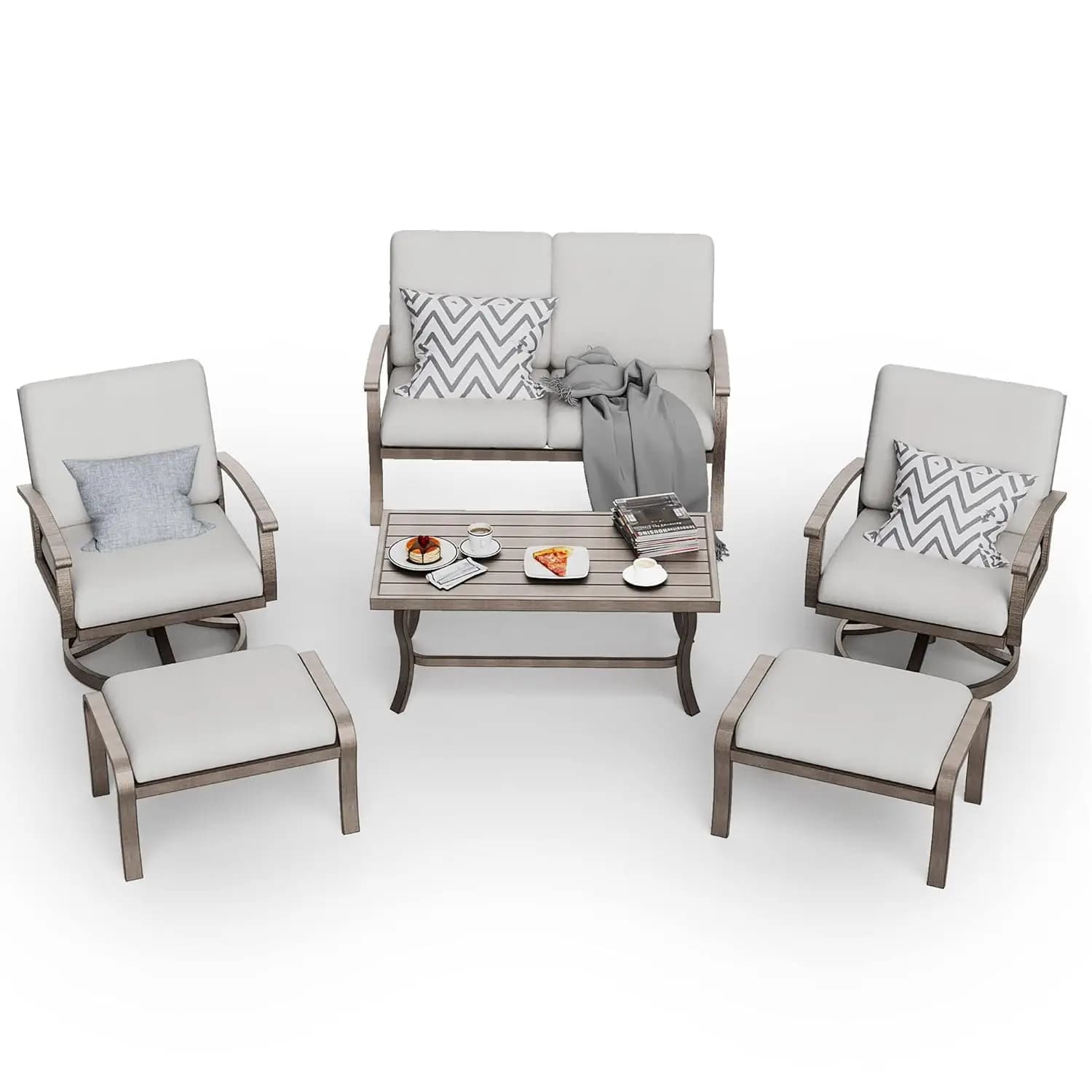 Patio Set in Aluminium 6 Pieces, Seats and Sofas, Outdoor Sofa for All Seasons with Cushions and Tables, Customizable