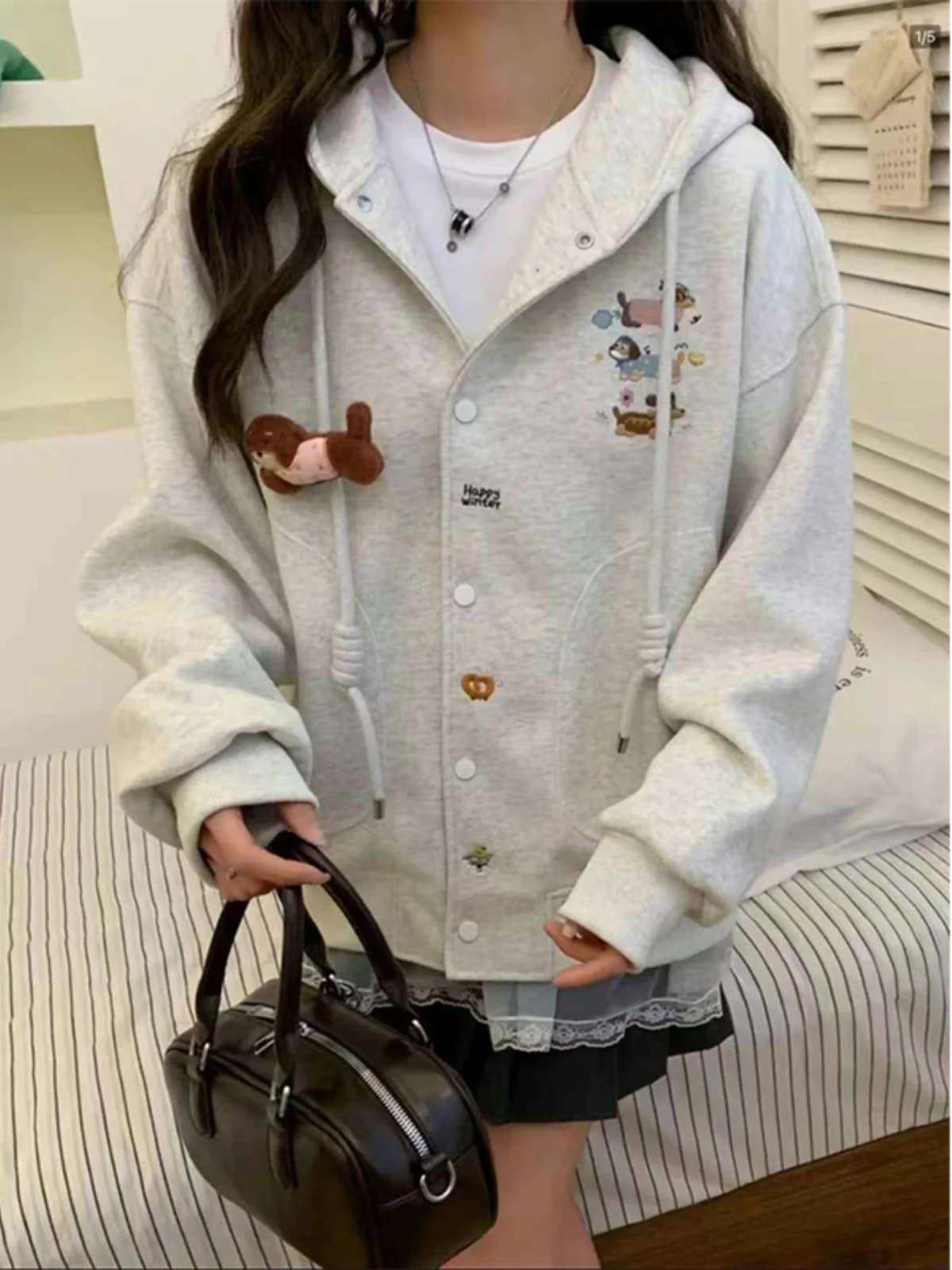 Retro American Grey Hoodie Women's Spring New Embroidered Zipper Open Cardigan Jacket Small Size Casual Top