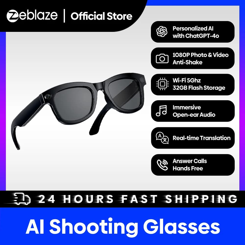 Zeblaze Eyewear AI Shooting Glasses Photo & Video High Resolution Audio Open-ear AI Custom with ChatGPT-4o Wi-Fi 5Ghz 32GB Storage