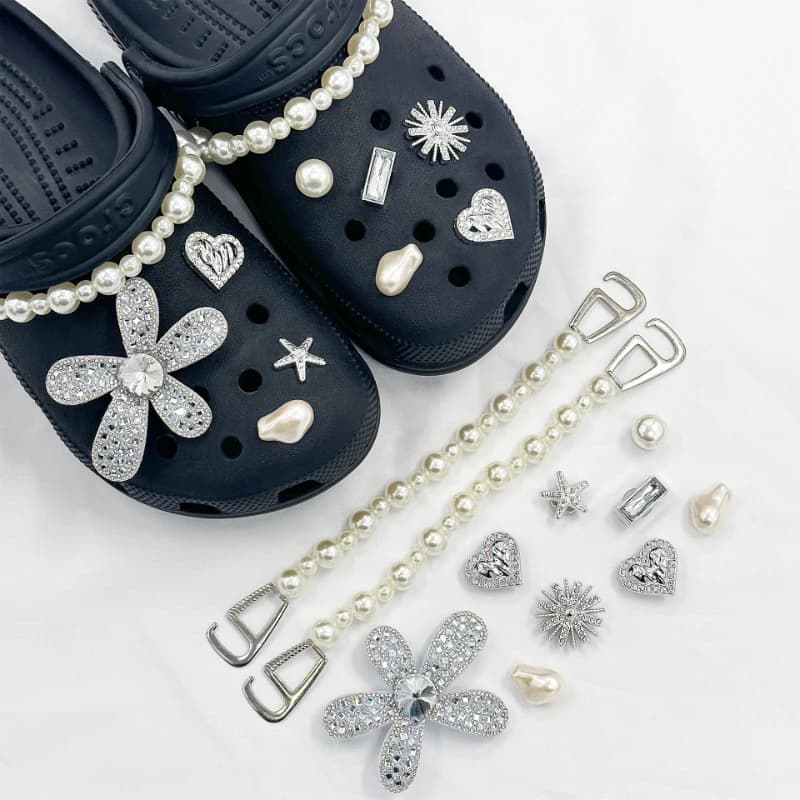 Pearl Chain Rhinestone Flower Shoe Charms for Clog Shoes Heart Star DIY Decoration Accessories for Garden Sandals