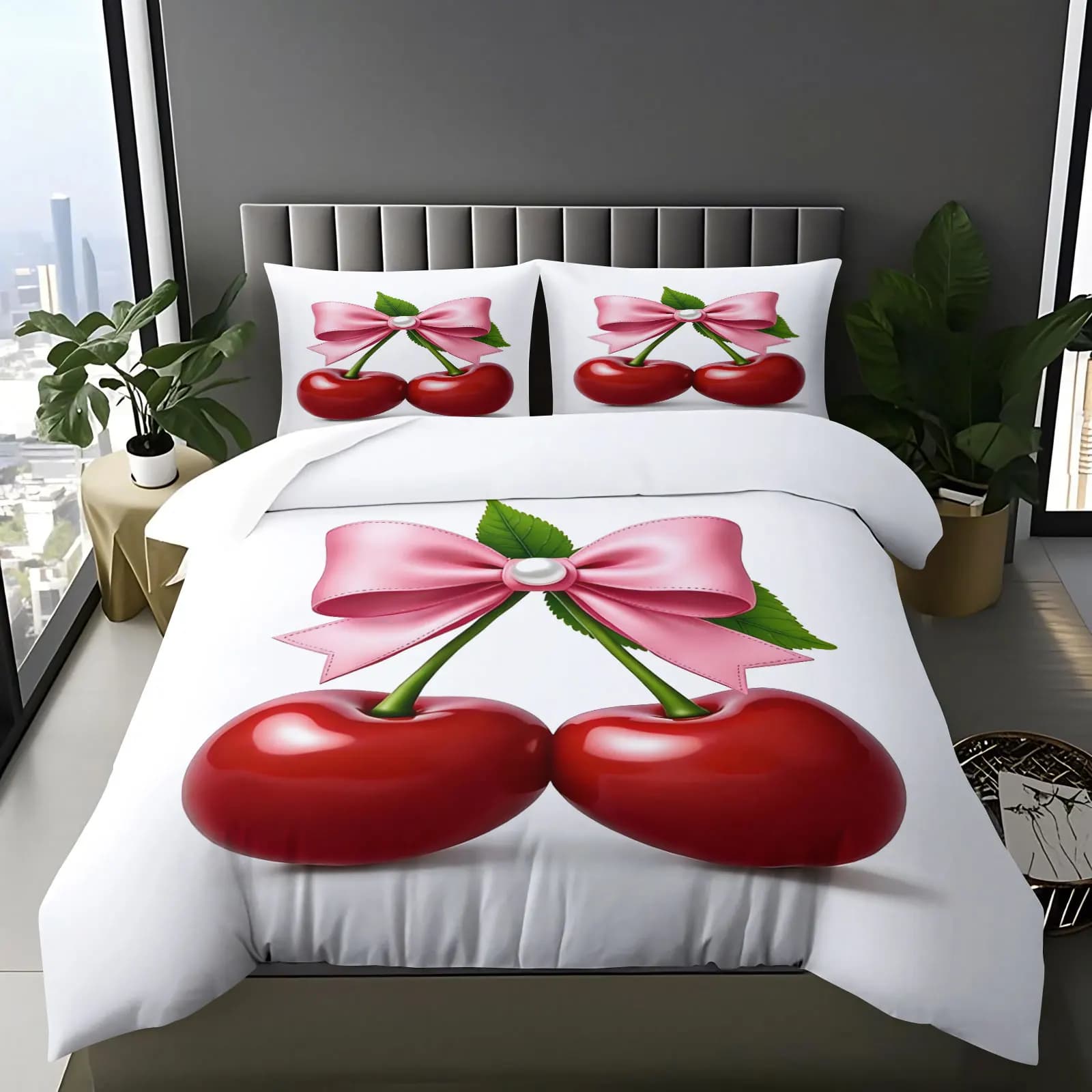Minimalist Solid White Large Shiny Red Cherry Pink Bow 2/3 Piece Duvet Cover Set Elegant Women Bedding For Master Bedroom