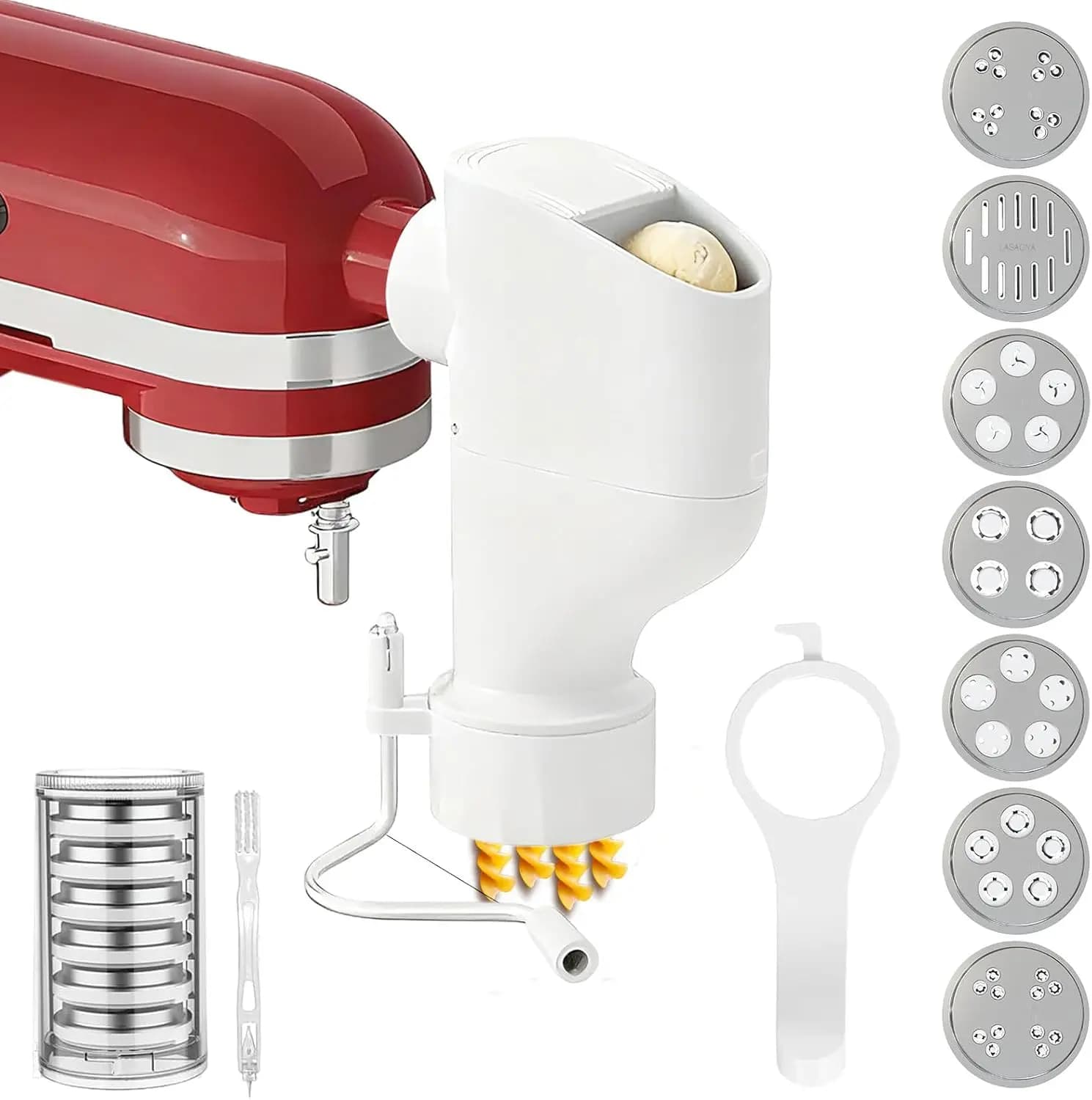 Accessorio per Pressa per Pasta Gourmet per Impastatrici con 7 Piastre Intercambiabili, Produce Spaghetti, Bucatini, Fusilli, Maccheroni