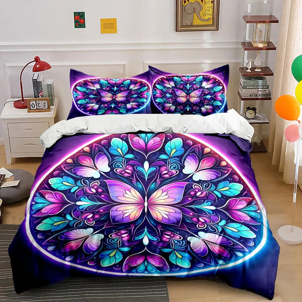 Set di biancheria da letto con mandala a farfalla al neon, 3 pezzi, copripiumino con stampa psichedelica + 2 federe, decorazioni Boho Zen