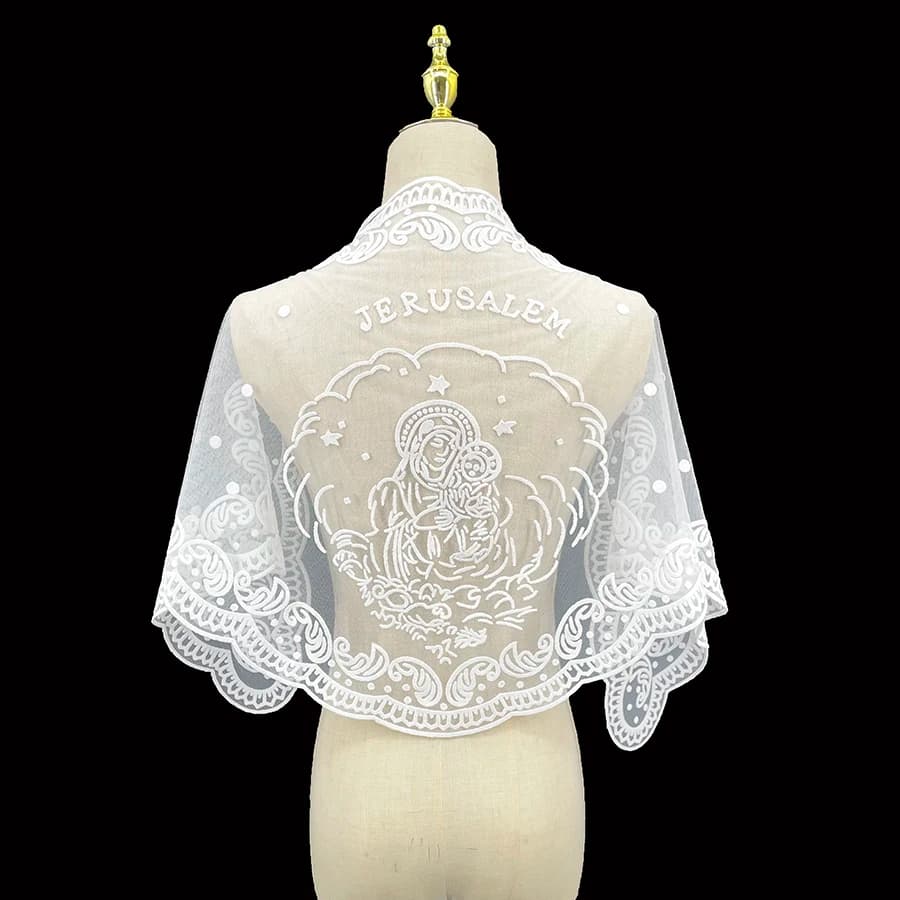 1 Pezzo Sciarpa Triangolare 3D Floccata Madonna e Bambino di Gerusalemme, Sciarpa/Hijab con Motivo 3D a Lettere e Figure, Velo da Matrimonio per Messa Cattolica