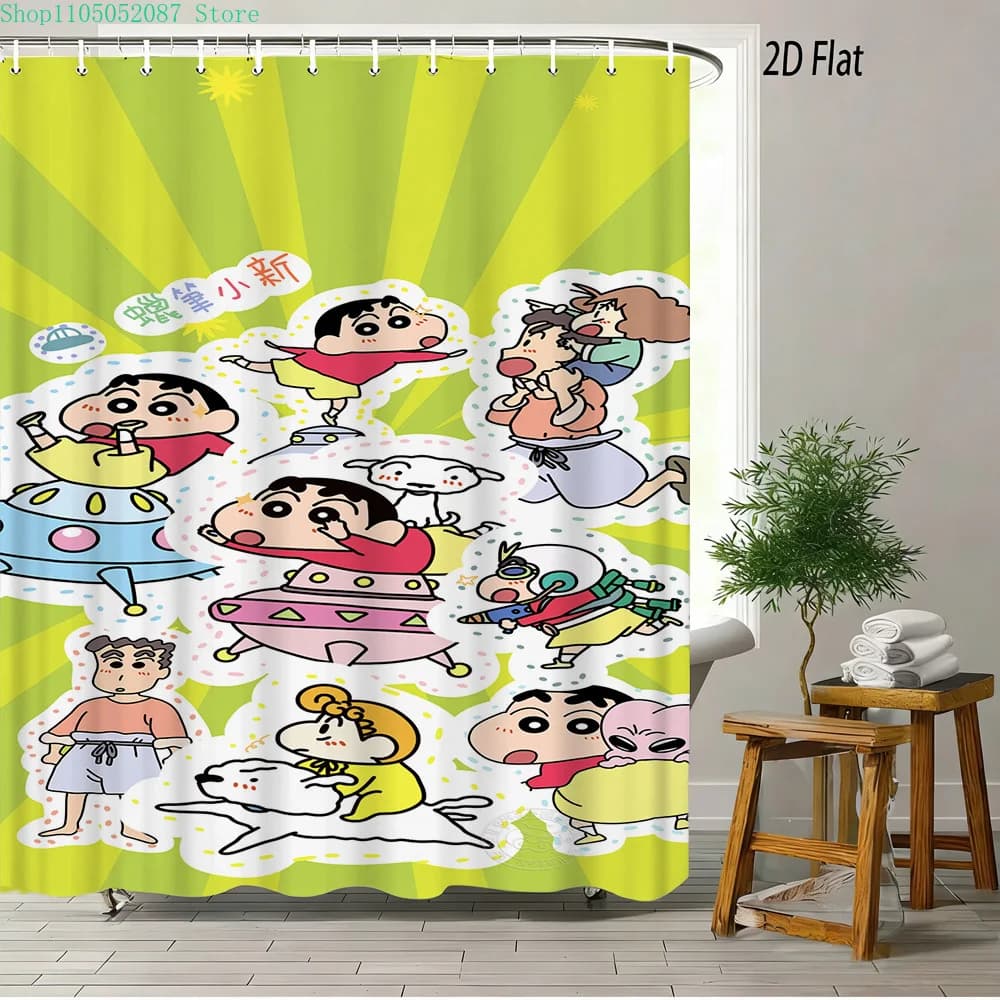 Tenda da doccia impermeabile con stampa 2D di Crayon Shin-chan UFO e Shiro, decorazione per bagno in stile anime verde con ganci