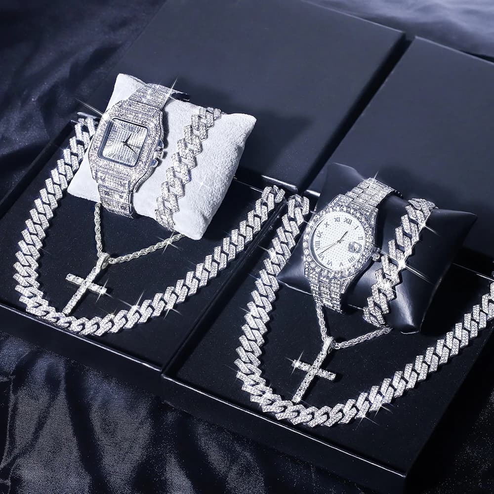 5 Piece Silver HipHop Watch Set Ice Flash Man Woman Necklace with Cross Pendant Cuban Chain Bracelet Fashion Jewelry Accessories Woman
