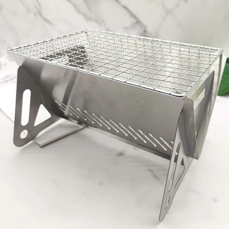 Portable Folding Stainless Steel Camping Stove with Grill Plate, Wood Burning Backpacking Cooking Stove for Outdoor Barbecue