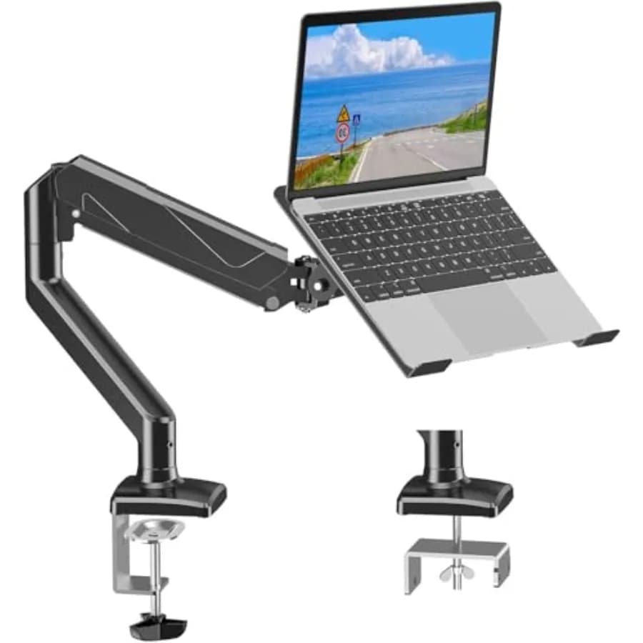 Supporto per Laptop da Scrivania: Supporto Regolabile in Alluminio per Notebook da 14-17 Pollici e Monitor da 32 Pollici, Argento, Supporta 1-9 kg, 2