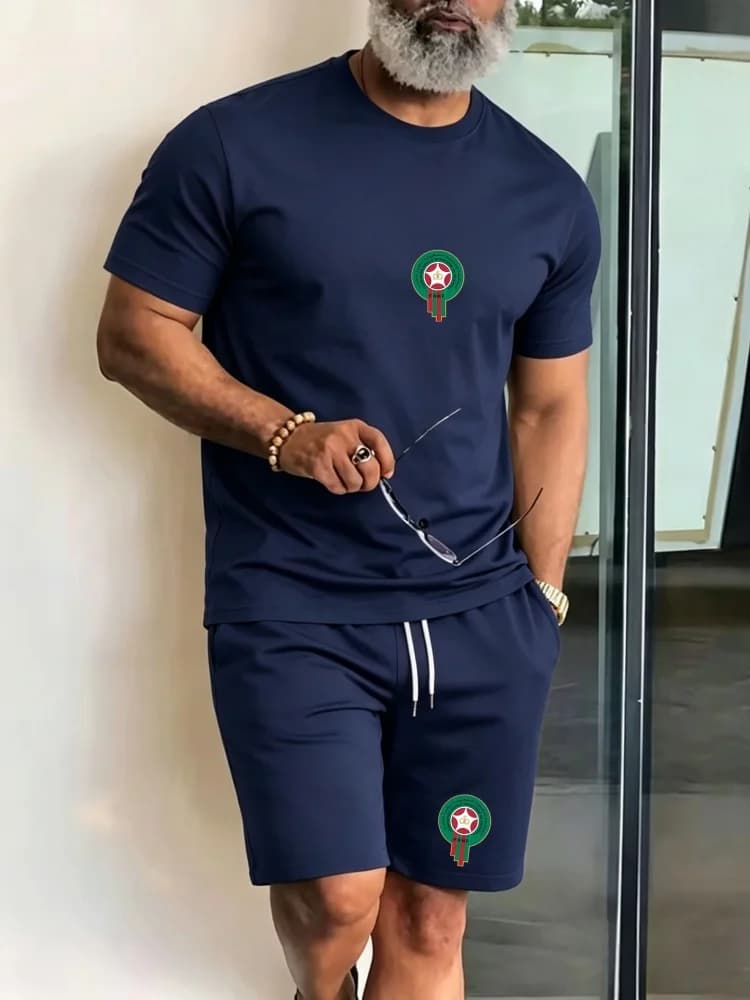 Youth Men's Fashionable Casual Sports Two-Piece Set Print Summer Short-Sleeved T-Shirt And Shorts Ensemble