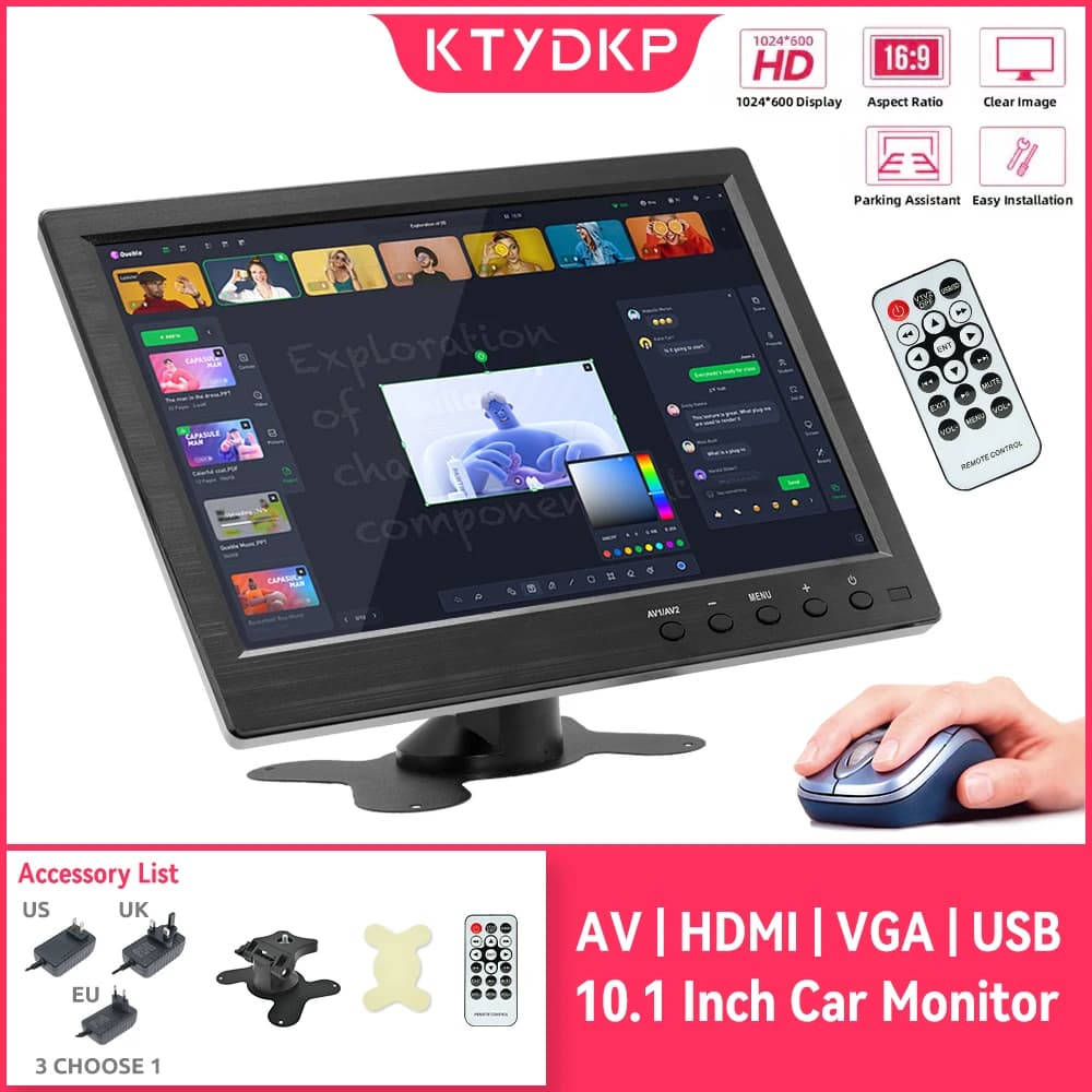 KTYDKP Monitor per auto da 10.1 "LCD HD Schermo digitale HDMI VGA USB BNC AV Ingresso video a 2 canali Monitor di sicurezza con altoparlante per camion