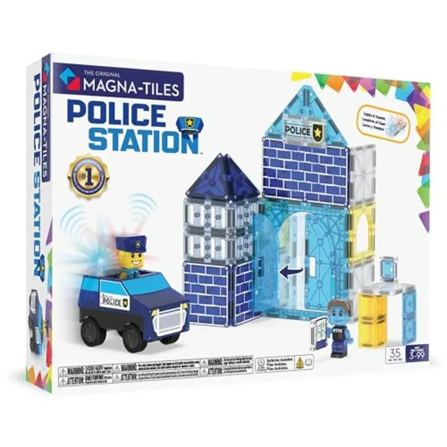 Set di Costruzioni Magnetiche Magna-Tiles Stazione di Polizia, 35 Pezzi, Giocattolo Educativo STEM in Plastica Trasparente Blu