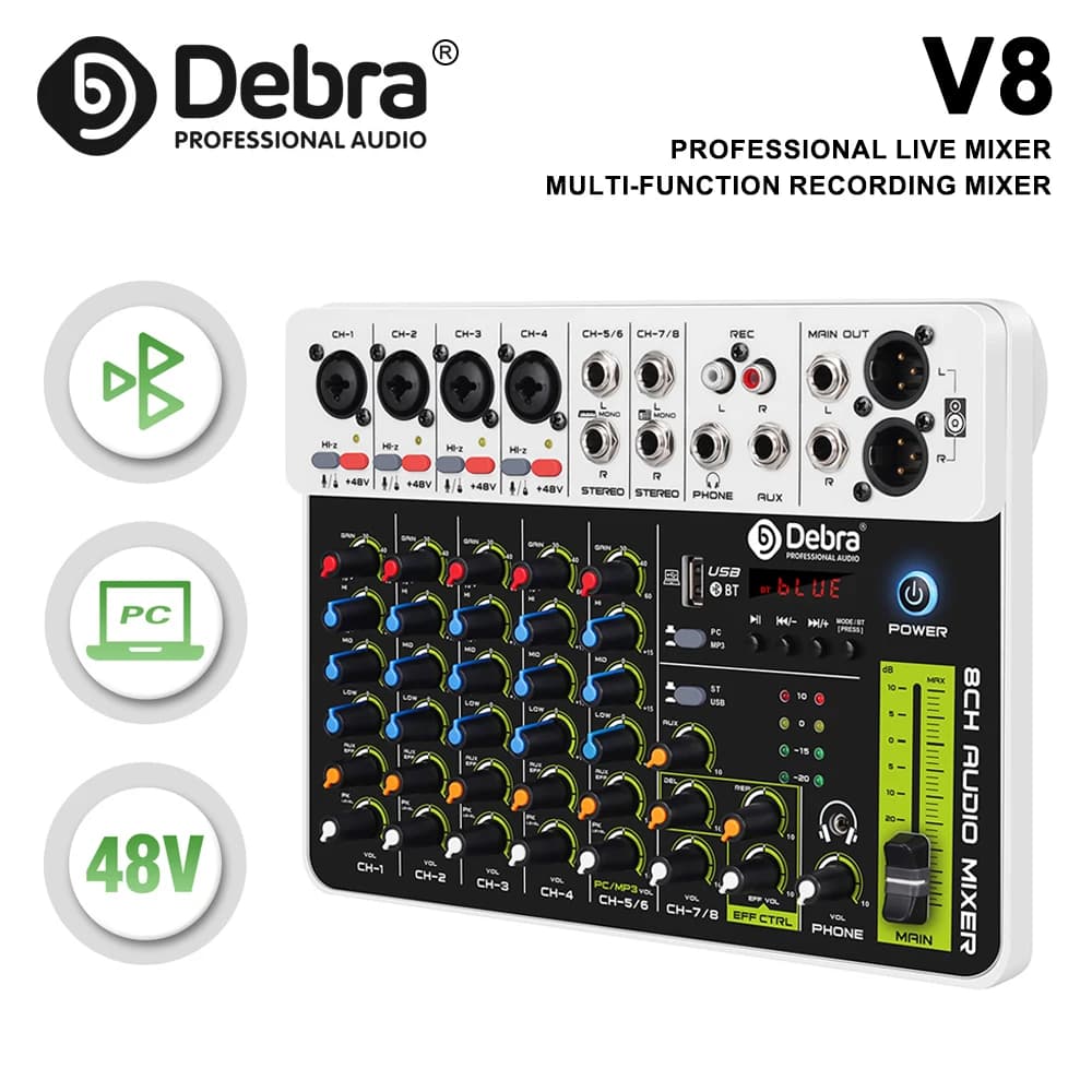 Mixer Audio Debra V4/V8, Controller DJ con Bluetooth USB, Alimentazione Phantom 48V, Effetto Delay Replay per Registrazione su Computer