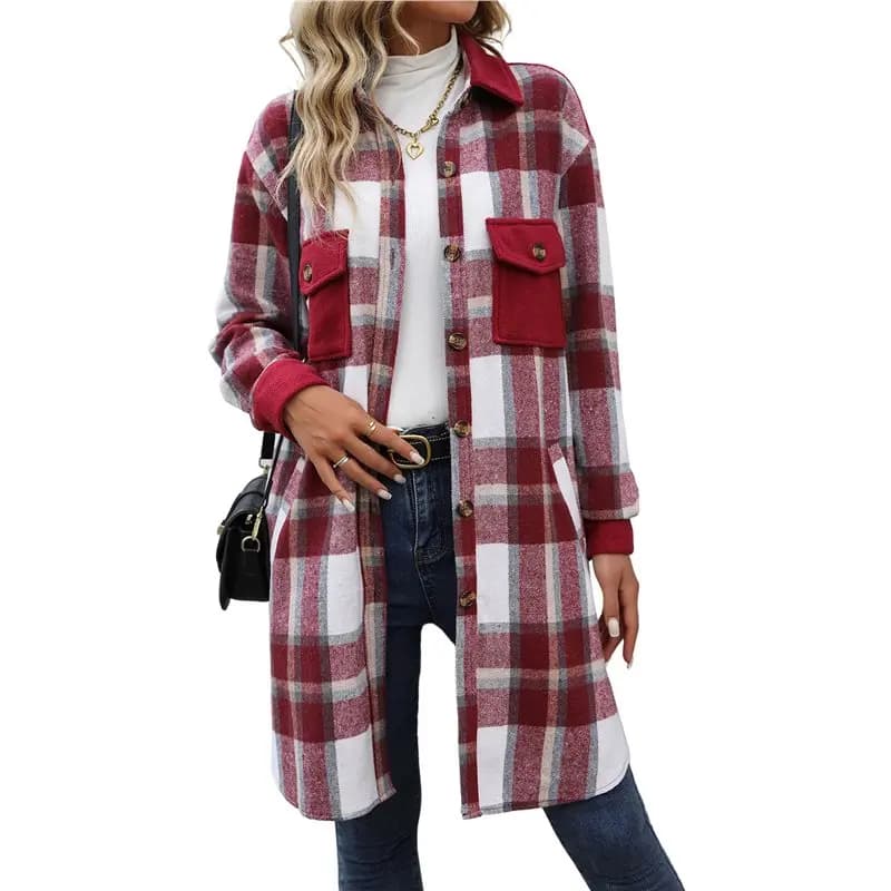 A19Q-Camicia-cappotto da donna a quadri, a maniche lunghe, con bottoni, in flanella, casual, con risvolto
