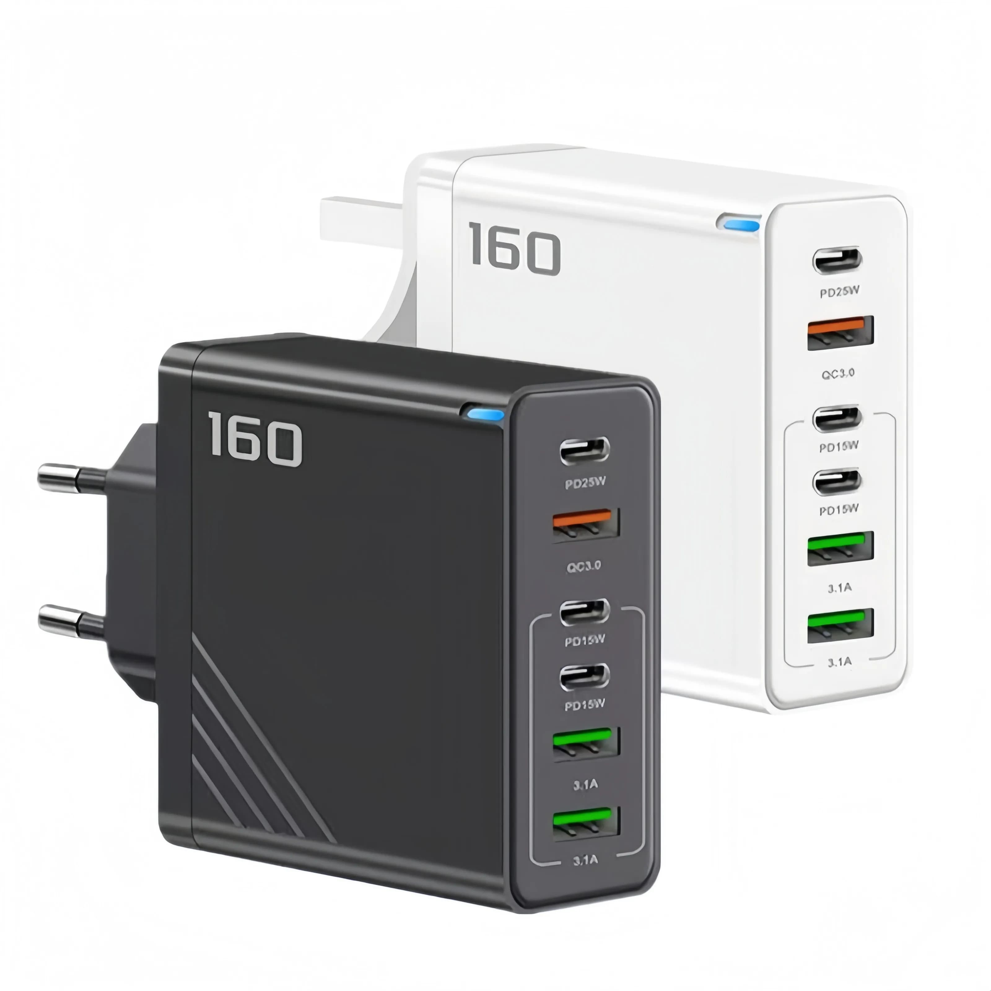 Caricatore rapido da parete portatile da 160W a 6 porte con tecnologia Type C QC 3.0 e PD, con spina EU, per iPhone, Samsung, Xiaomi e altri telefoni.