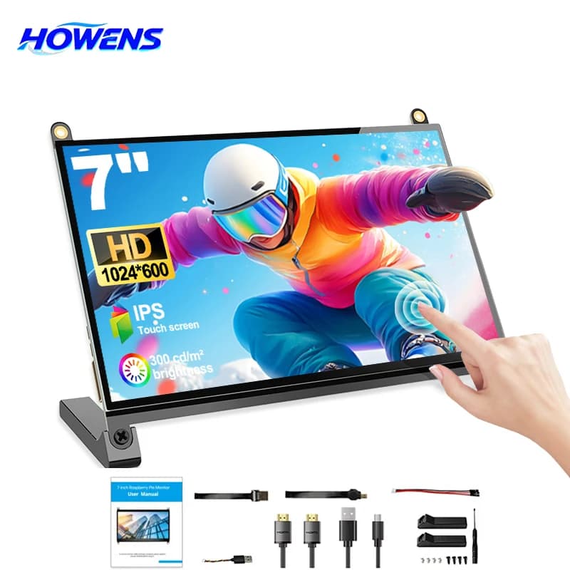 7-inch HOWENS Monitor for Raspberry Pi 4/3/2/B/B+/A+, IPS 1024x600 display with 5 point capacitive touchscreen, HDMI, compatible with Win 7/8/10