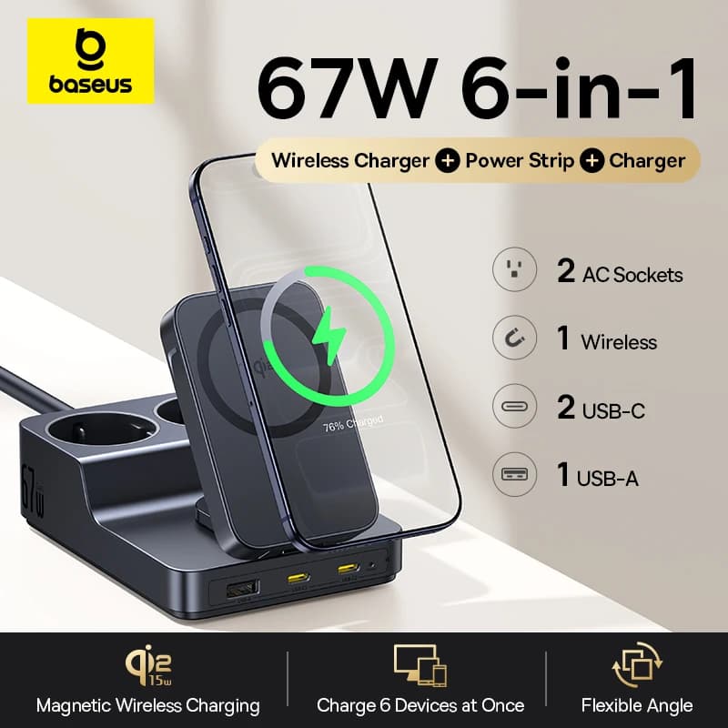Baseus Stazione di Ricarica Desktop 6-in-1 da 67W, Supporto Magnetico, Caricatore Wireless 1U2C per Laptop e Telefono, 2 Interfacce AC per Casa e Ufficio