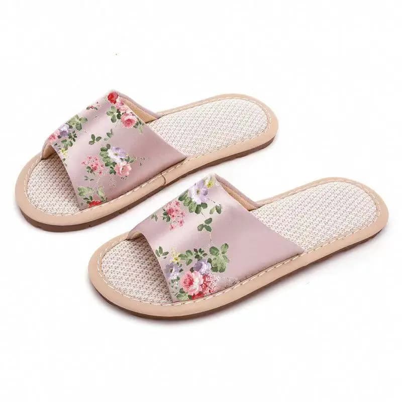 Women's Ethnic Style Flat Sole Linen Slippers Summer Open Toe Non Slip Lightweight High Quality Silk Print Home silent Slippers