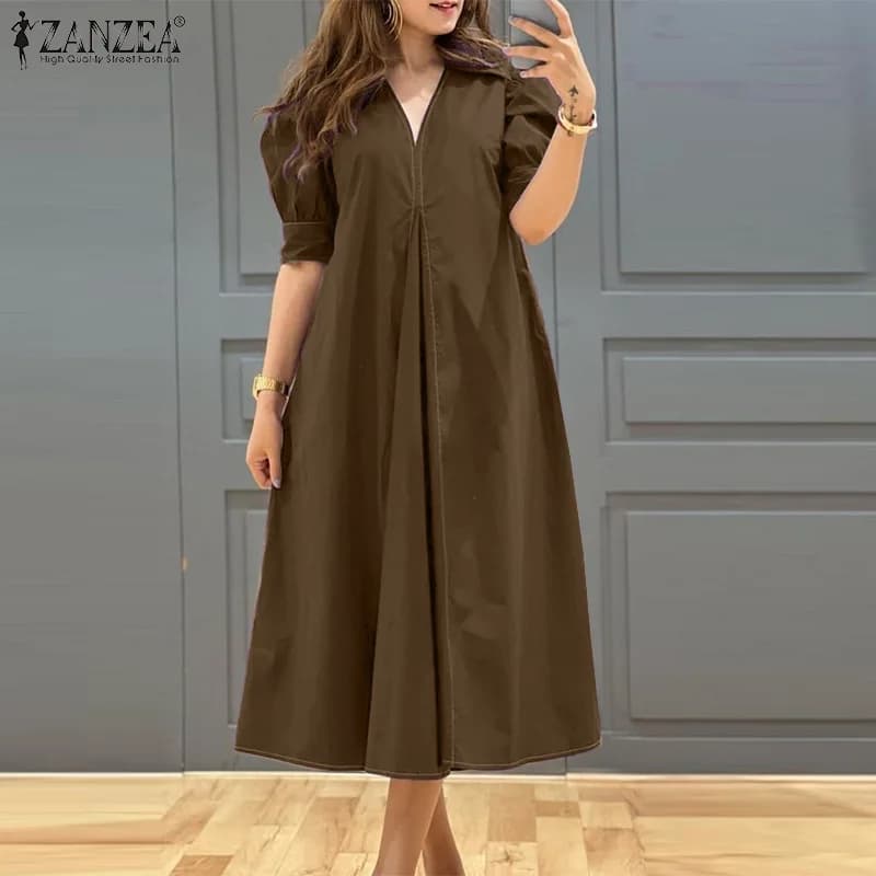 ZANZEA Plus Size 5XL Women's casual midi dresses with V neckline and short sleeves, long trapeze dress, oversize dresses for spring holidays