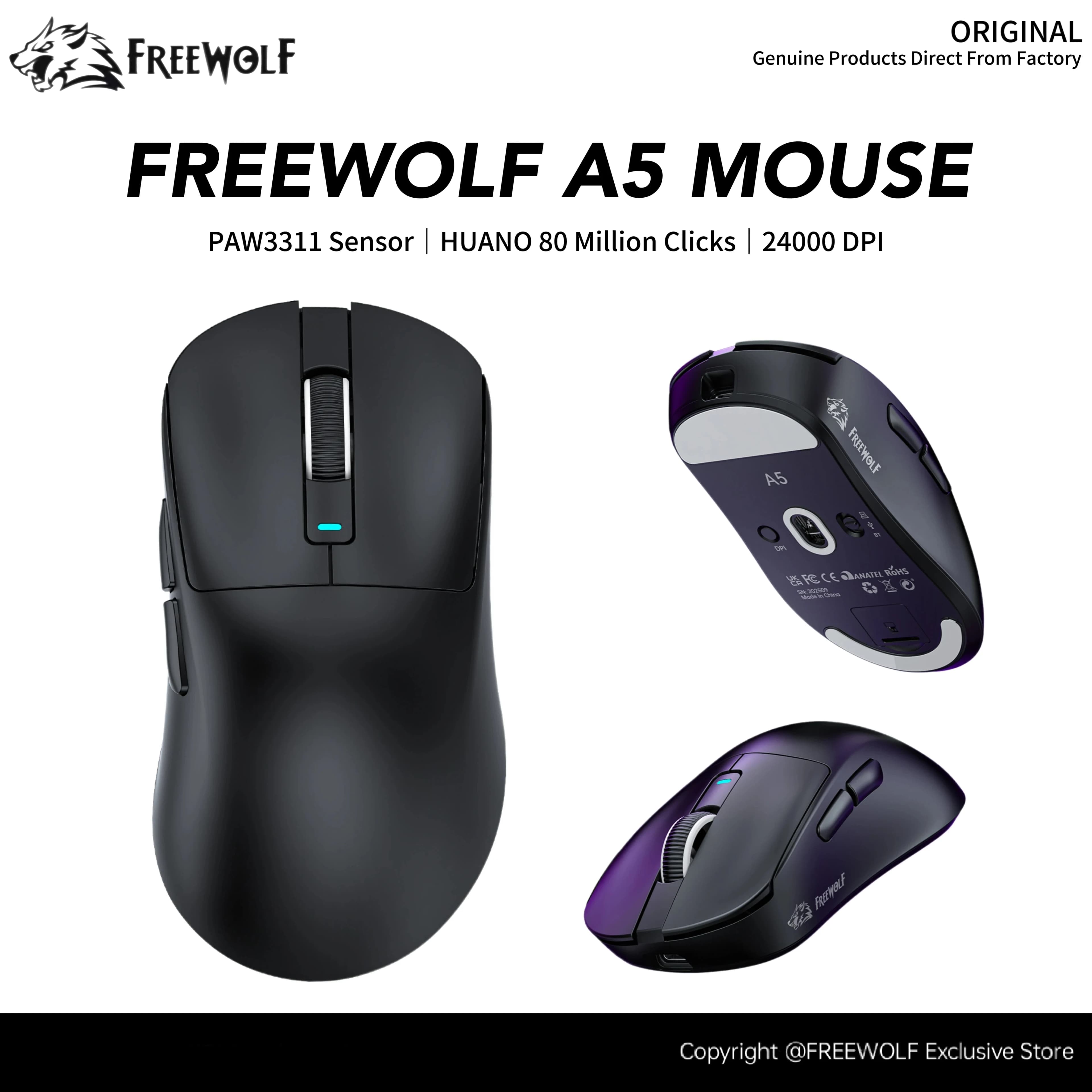 Mouse da Gaming FREEWOLF A5 con Connessione Wireless Bluetooth, Sensore PAW3311, 24000 DPI, Tipo per Mano Destra
