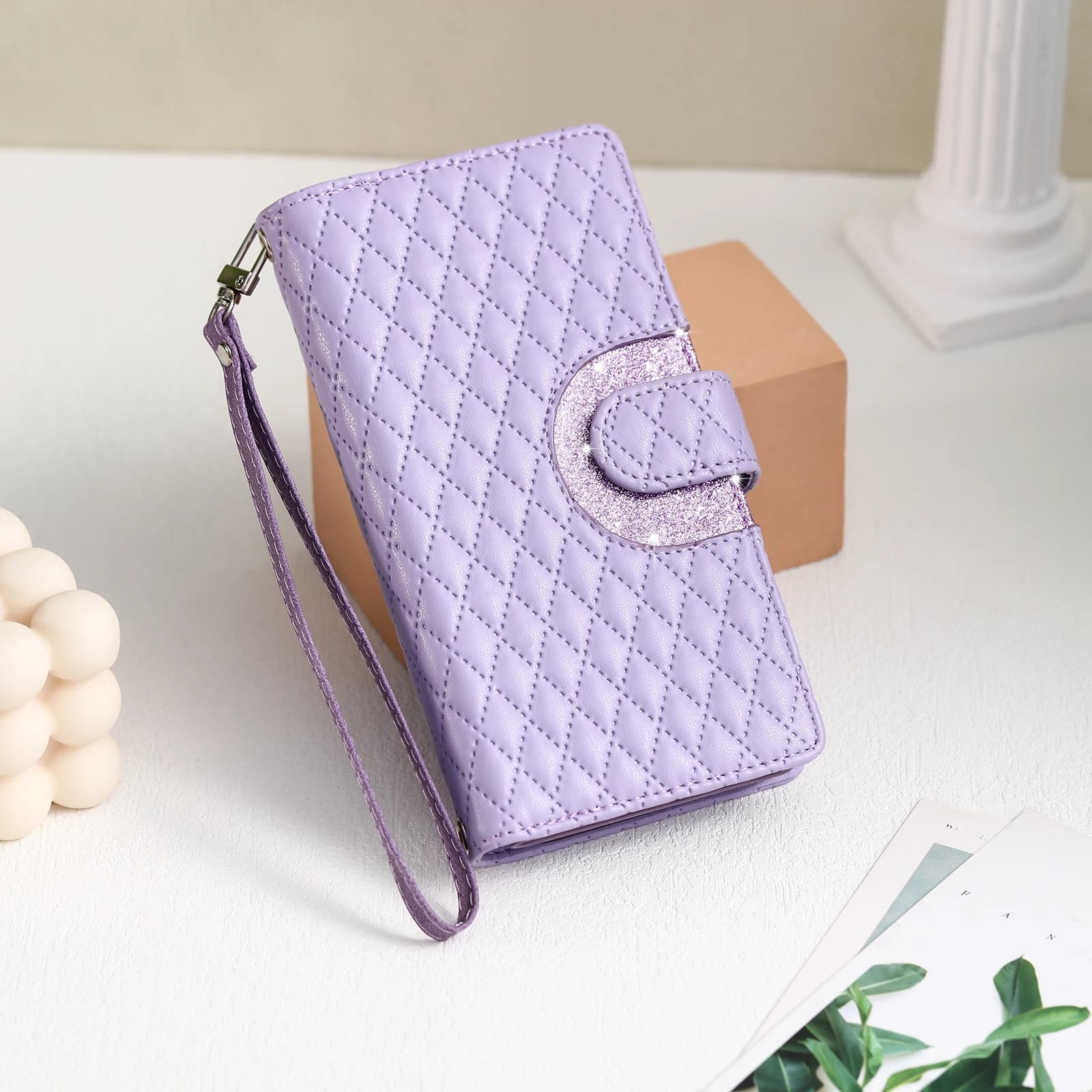 Glitter Zipper Card Solt Wallet Leather Case for iPhone 17 Pro Max 16 Plus 15 Plus 14 13 12 11 Long Drawstring Bag