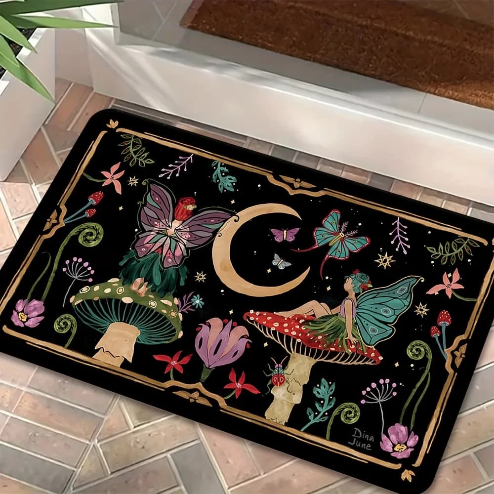 Tappetino per porta d'ingresso con motivo a fungo magico e luna, design da giardino incantato, antiscivolo, resistente, perfetto come regalo
