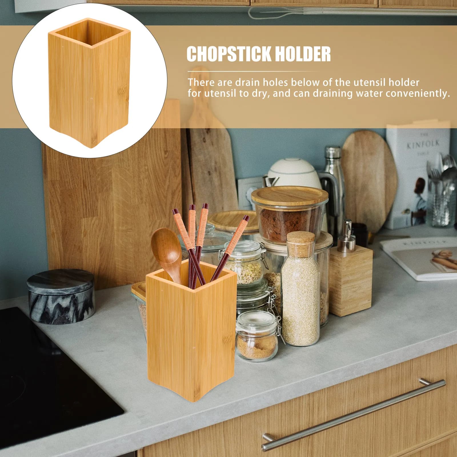Bamboo Chopstick Holder Kitchen Utensil Storage Rack with Drain Holes for Drying Spoons Forks Knives Modern Minimalist