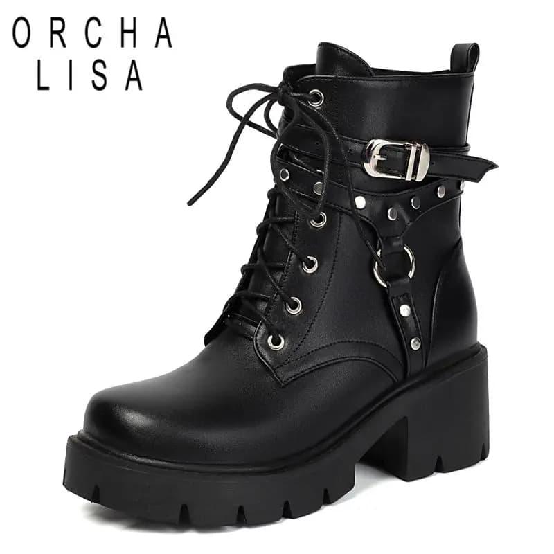 ORCHA LISA Casual Female Ankle Boots Round Toe Block Heels 6cm Platform 2cm Zipper Lace Up Rivets Large Size 42 43 44 Daily Bota
