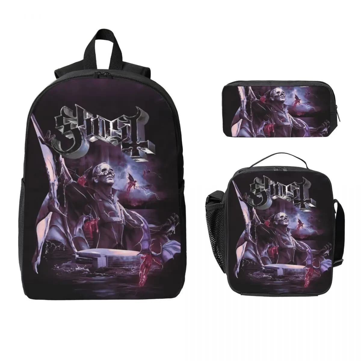 Set di 3 borse da scuola Ghost Rock Metal Band per borse da scuola per ragazzi e ragazze, set di zaini con scatola per il pranzo, per studenti delle scuole