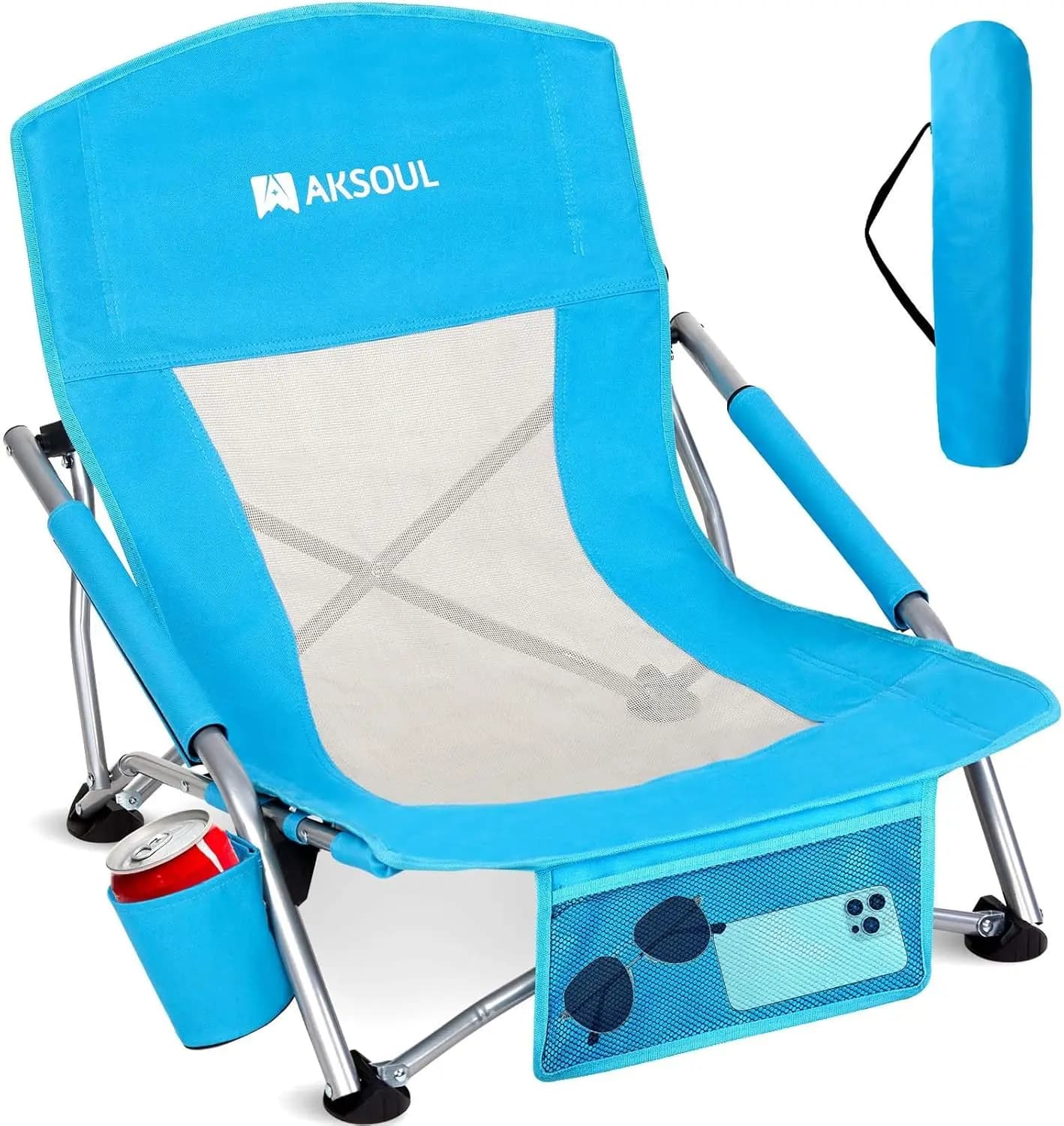 Sedia da Spiaggia Pieghevole per Adulti: Schienale Basso/Alto con Borsa per il Trasporto, Seduta Larga, Cuscino e Tasca Portaoggetti (Blu, Confezione da 1 o 2 Pezzi)