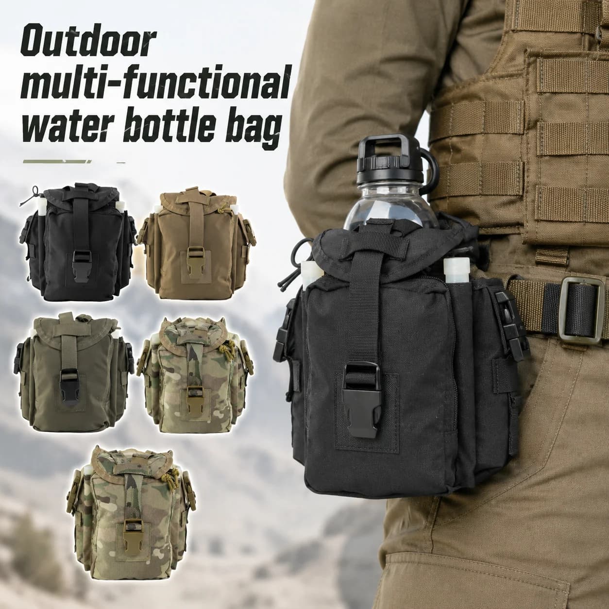 Outdoor Tactical Water Bottle Pouch MOLLE Utility Bag Multi Functional Hydration Holder Military Gear Accessory Pack